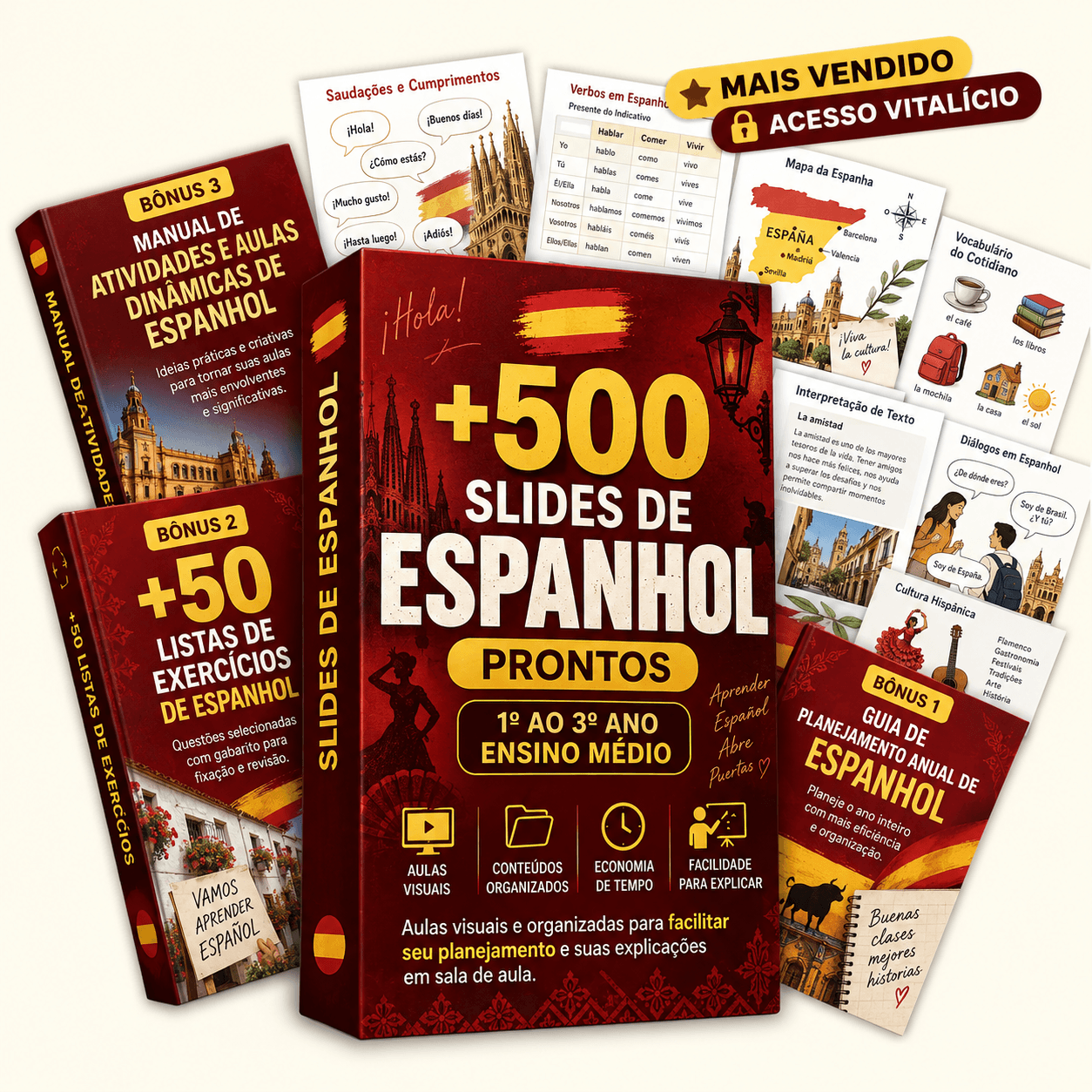 Coleção +500 Slides de Espanhol com bônus e prévias de slides