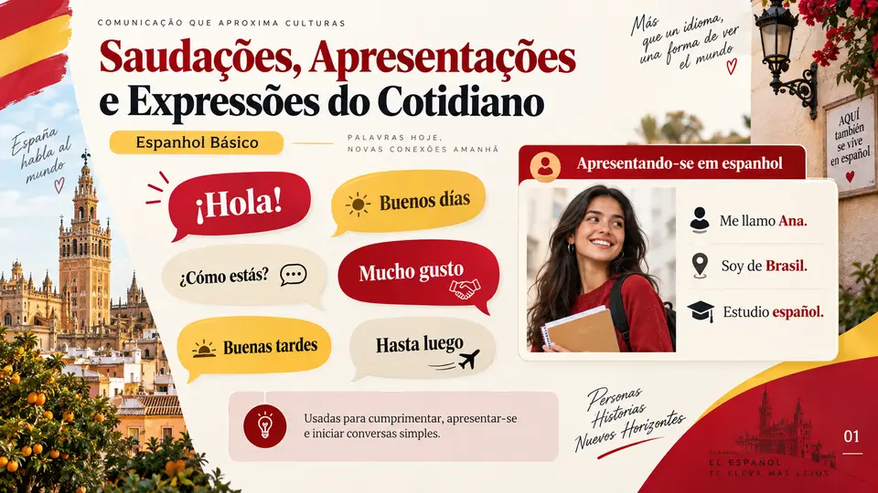 Slide de Espanhol: Saudações, Apresentações e Cotidiano