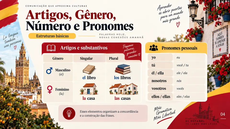 Slide de Espanhol: Artigos, Gênero, Número e Pronomes