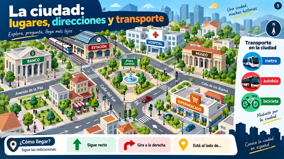 Slide de Espanhol: A Cidade: Lugares, Direções e Transporte
