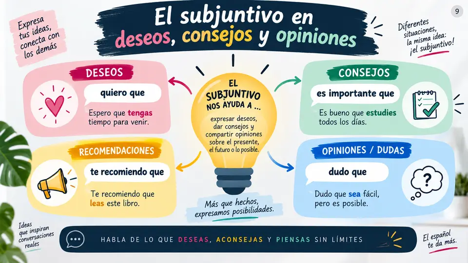 Slide de Espanhol: O Subjuntivo em Desejos e Conselhos